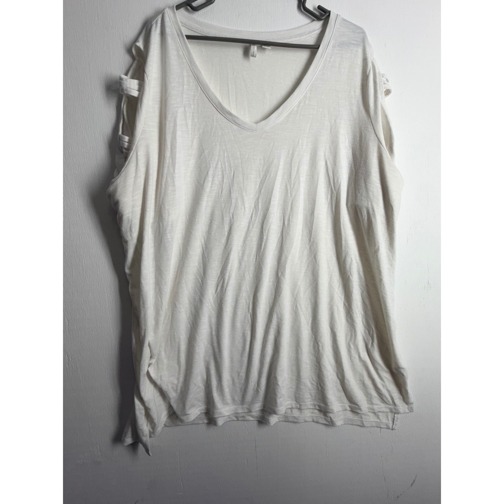 Cato Women Plus 22/24W White V-Neck Slub Knit Tee Ladder Shoulder Cutout Top